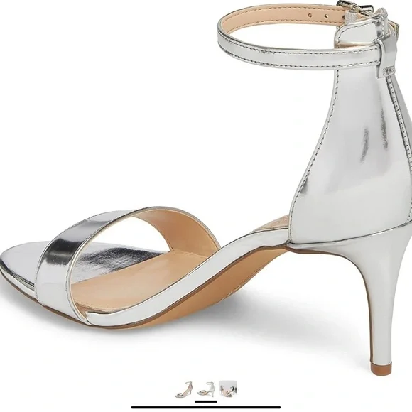 NIB VINCE CAMUTO SEBATANI SILVER METALLIC HEEL ANKLE STRAP DRESS HEEL SANDALS - Picture 2 of 6